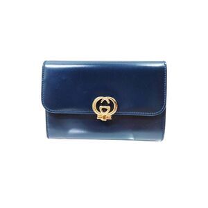 Vintage Gucci Navy Blue Italian Leather GG Interlocking Clasp Trifold Wallet